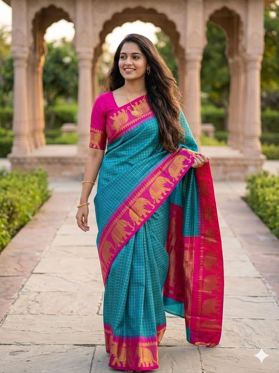 Lime Green Kanjivaram Silk Saree with Traditional Elephant Zari Border